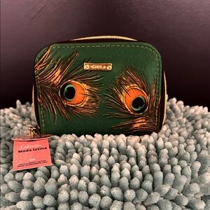 Chala Green and Orange Feather Design Wallet